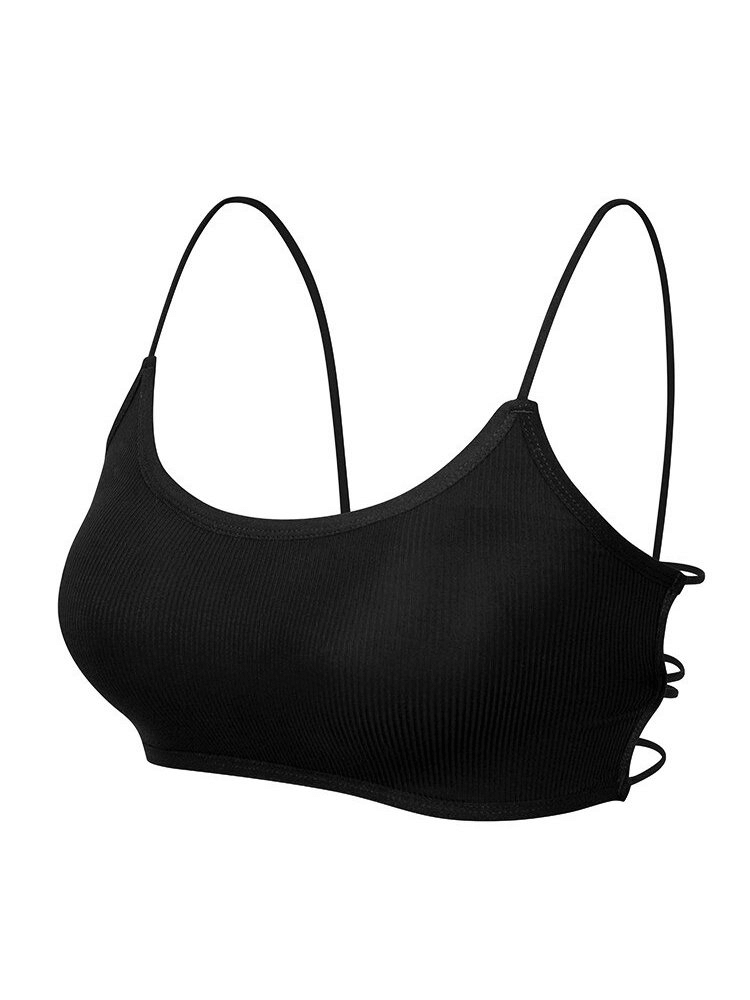 Black stylish wireless women's sports bra with open back for yoga, breathable modal fabric, comfortable fit for A-B cups.